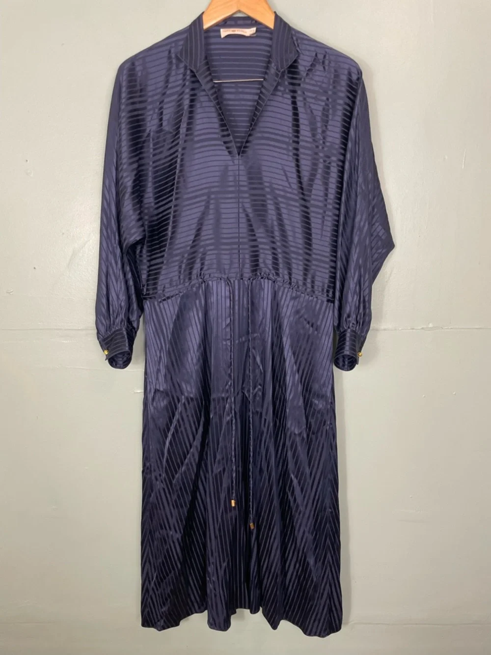 Tory Burch Striped Long Sleeve Drawstring Silk Blend Midi Dress‎ Navy Blue XS